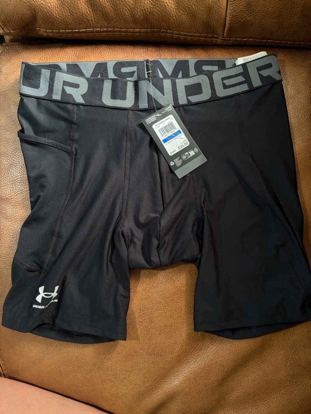 Under Armour Men’s Black Athletic Compression Shorts with Gray Logo Waistband